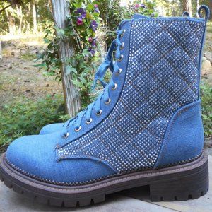 NEW! BEBE Dorienne-C Denim & Crystal Boots. 7M